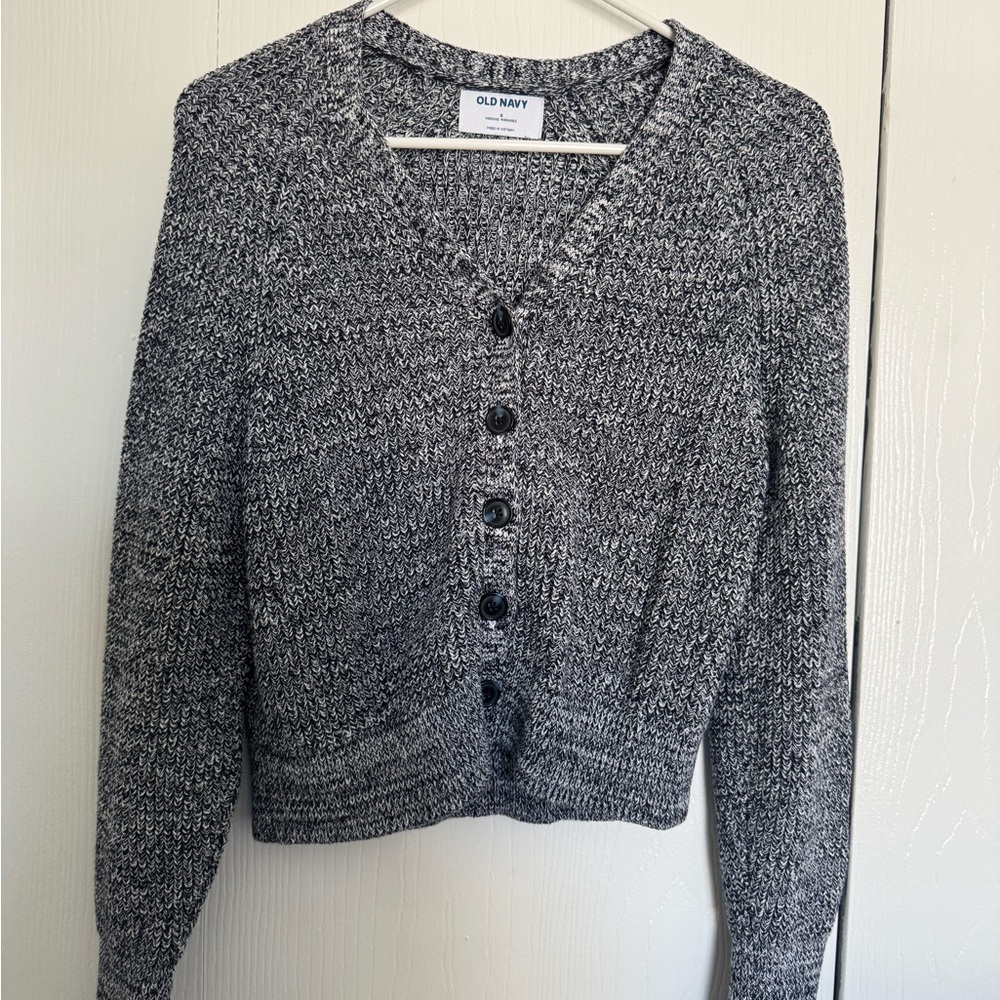 Old Navy Women's Navy & White Marled V-Neck Button Cardigan Sweater